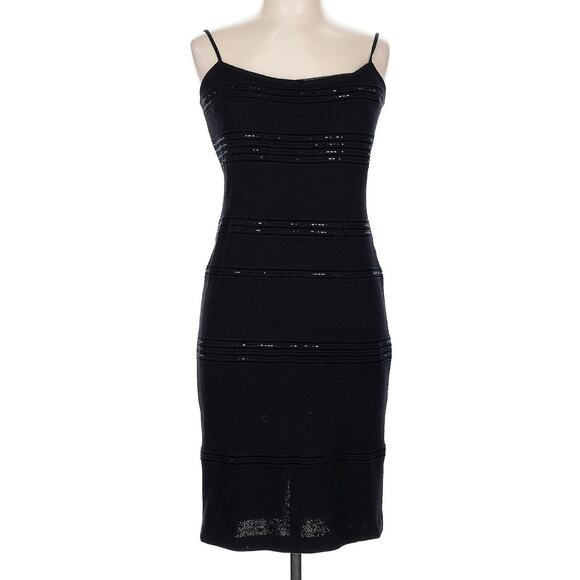ST. JOHN EVENING Black Santana Knit Paillettes Cocktail Sleeve Dress Sz 10 EUC - Picture 1 of 10